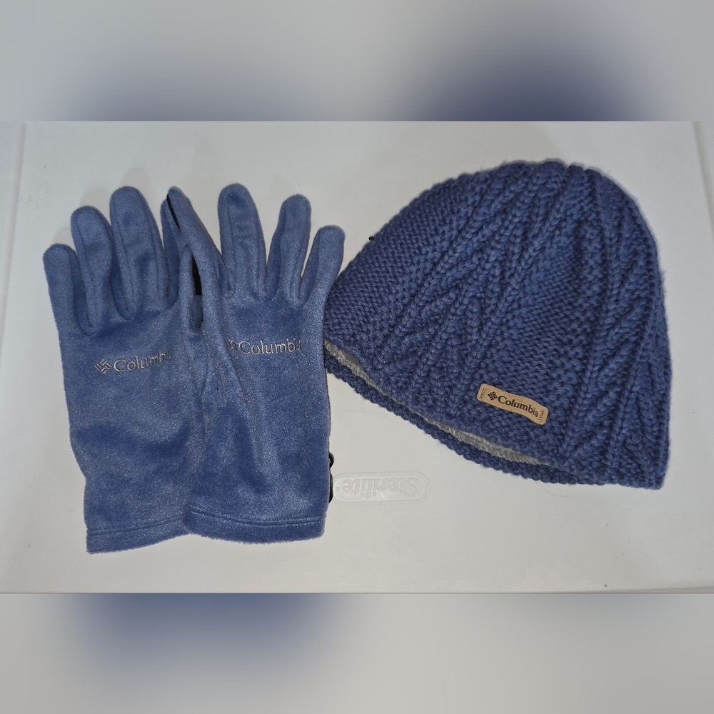 Columbia Womens Omni-Heat Knit Hat and Fleece Gloves Blue Winter Outdoor